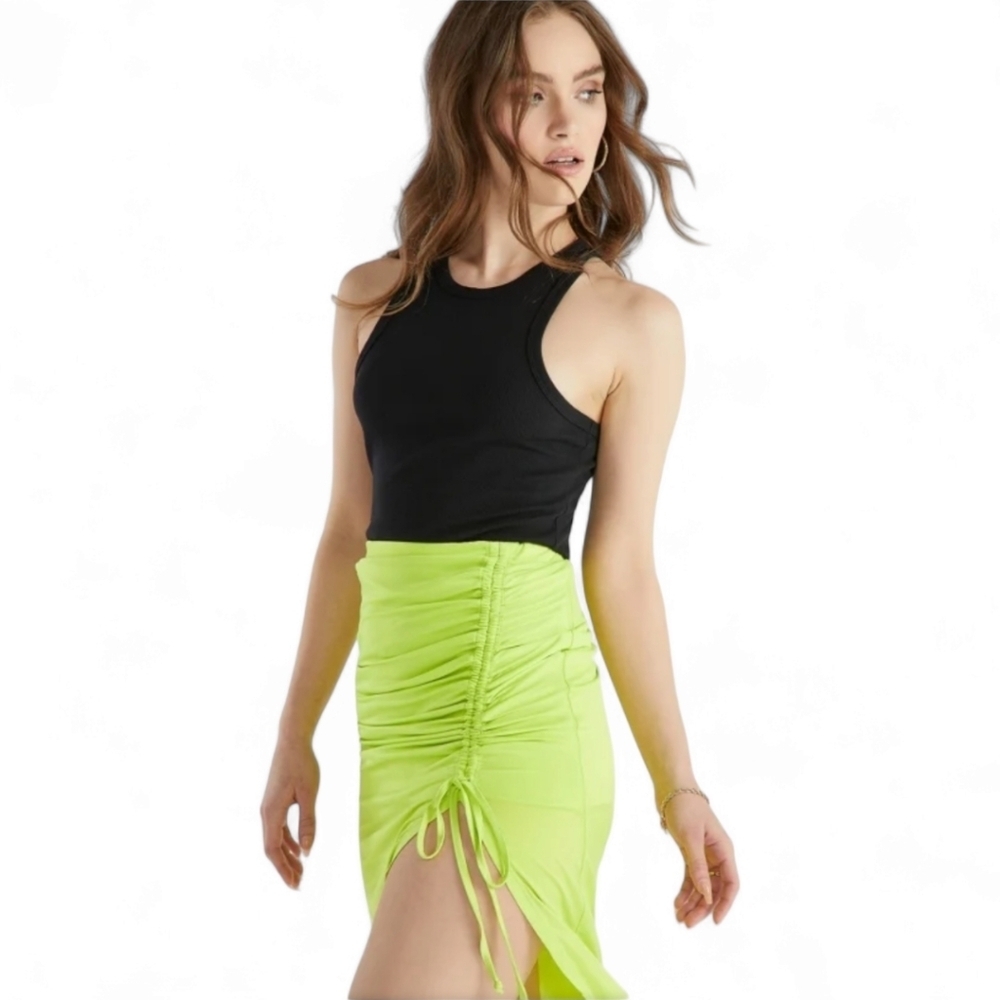 Midi ruched skirt bright acid lime green side split high waisted